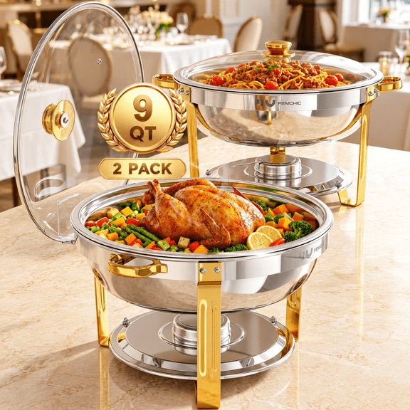 FEMCHIC 9QT Chafing Dish Buffet Set 2 Pack, Gold Stainless Steel Round Buffet Server Food Warmer w/ Glass Lid & Lid Holder for Parties Catering Events Weddings Banquets