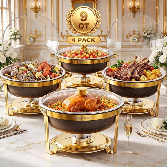 FEMCHIC 9QT Chafing Dish Buffet Set 4 Pack, Black Gold Stainless Steel Round Buffet Server Food Warmer w/ Glass Lid & Lid Holder for Parties Catering Events Weddings Banquets