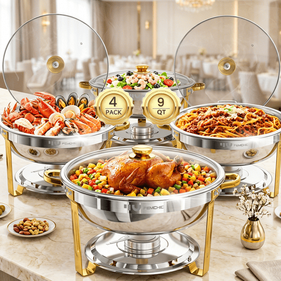 FEMCHIC 9QT Chafing Dish Buffet Set 4 Pack,Gold Stainless Steel Round Buffet Server Food Warmer w/ Glass Lid & Lid Holder for Parties Catering Events Weddings Banquets