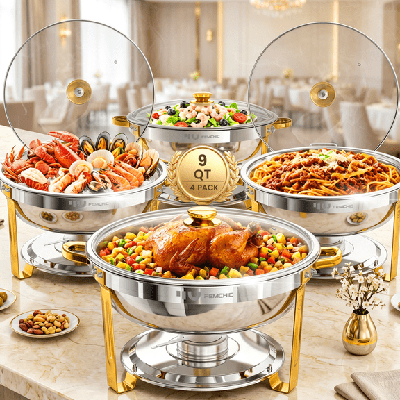 FEMCHIC 9QT Chafing Dish Buffet Set 4 Pack,Gold Stainless Steel Round Buffet Server Food Warmer w/ Glass Lid & Lid Holder for Parties Catering Events Weddings Banquets