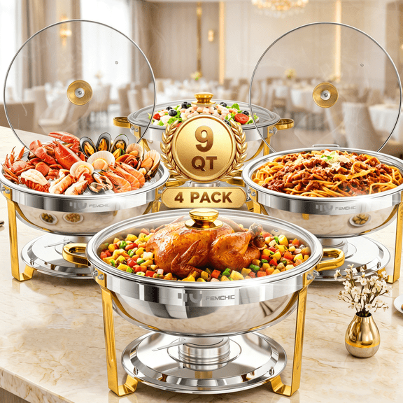 FEMCHIC 9QT Chafing Dish Buffet Set 4 Pack,Gold Stainless Steel Round Buffet Server Food Warmer w/ Glass Lid & Lid Holder for Parties Catering Events Weddings Banquets