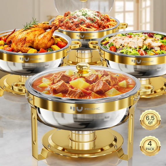 FEMCHIC 6.5QT Gold Chafing Dishes for Buffet 4 Pack, Chafing Dish Buffet Set Stainless Steel, Round Chafing Dishes with Glass Lid & Lid Holder, Smooth Mirror Polish for Party Events Wedding