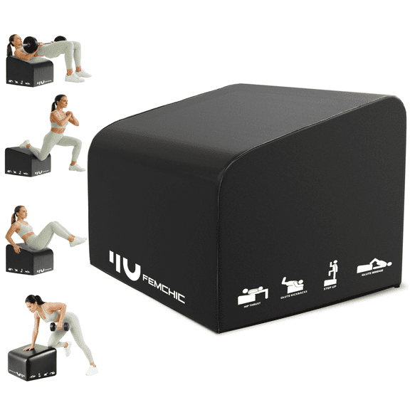 FEMCHIC Hip Thrust Bench 700LB, Multi-Functional Total Body Workout Box for Home Gym, Glute Bridge, Core & Ab Strength Training, Foam Plyometric Jump Box (M