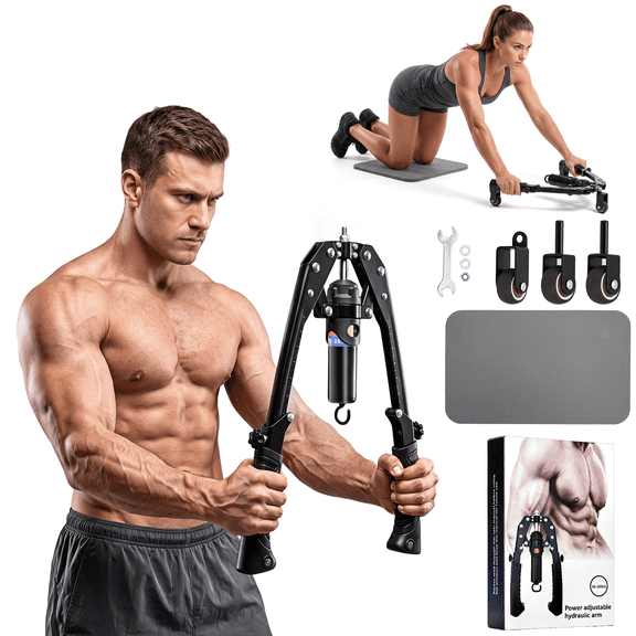 FEMCHIC Twister Arm Trainer, 3 in 1 Hydraulic Power Chest Workout Equipment w/ Ab Roller Wheels and Hooks, Adjustable 22-440lbs Chest Expander for Men Women, Home Gym for Full Body Training