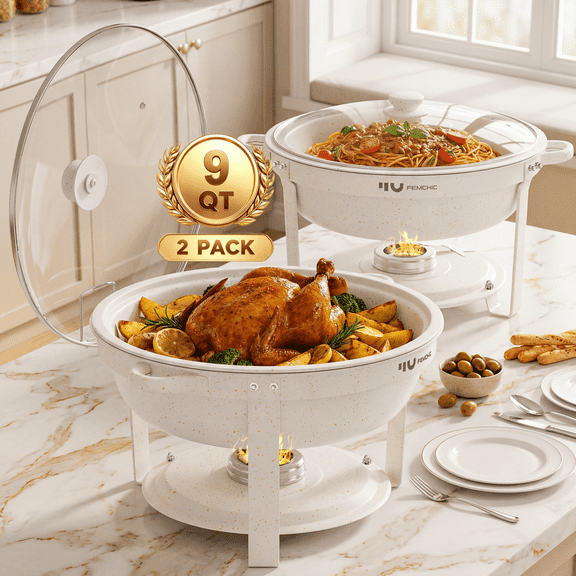 FEMCHIC 9QT White Chafing Dishes for Buffet 2 Pack, Chafing Dish Buffet Set Maifanite-Coated, Round Chafing Dishes with Glass Lid & Lid Holder, Smooth Mirror Polish for Party Events Wedding