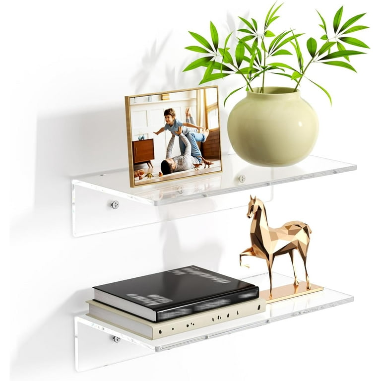 Zhehao 8 Pcs Acrylic Floating Shelves Display Adhesive Wall Shelf Cute  Hanging Plant Wall Shelf with Stickers and Cable Clips for Office Bedroom
