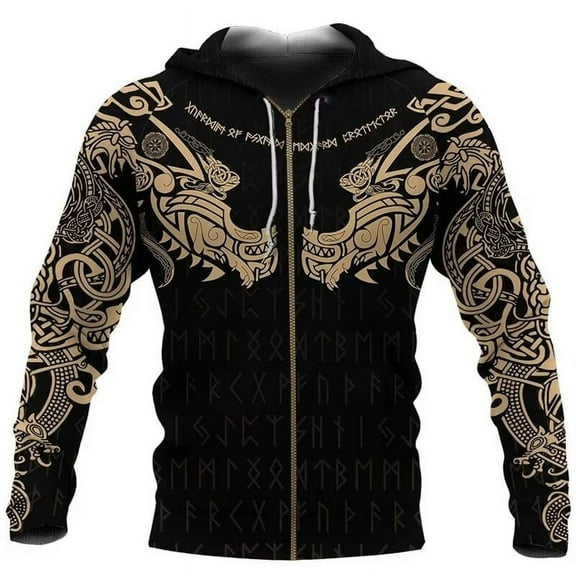 FEMSCIL 3D Printed Men's Symmetric Dragon Totem Unisex Novel Zipper Hooded Casual Sports Shirt Long sleeved Sports Shirt