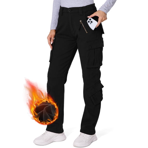 FEN AI Fleece Lined Cargo Pants for Women Insulated Snow Ski Pants Winter Work Pants Outdoor Softshell Trousers with 8 Pockets Black 8