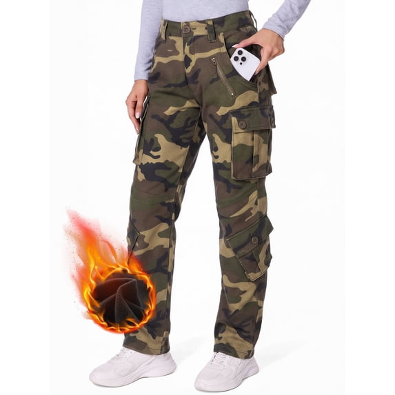 FEN AI Womens Work Pants with Fleece Lined Cotton Y2k Camo Cargo Pants Insulated Snow Ski Pants 12