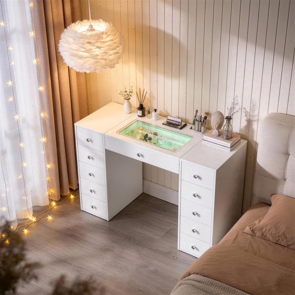 Fenchilin 51" Vanity Mirror Desk with Lights RGB 11 Drawers White