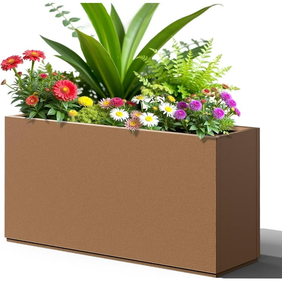 FENCY Metal Rectangular Planter Box, Large Planters for Outdoor , Tall Planters for Outdoor with Drainage Holes (32" L x 10" W x 16.3" H,Brown)