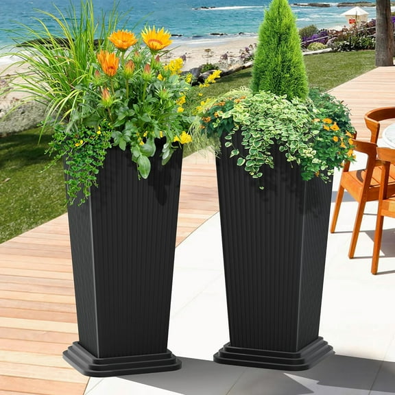 FENCY Set of 2 Tall Planters for Outdoor , 24 Inch Large Tapered Pots with Drainage Trays, Weather-Resistant Plastic Containers for Patio, Porch, Garden, Front Door Decor,Black,Striped