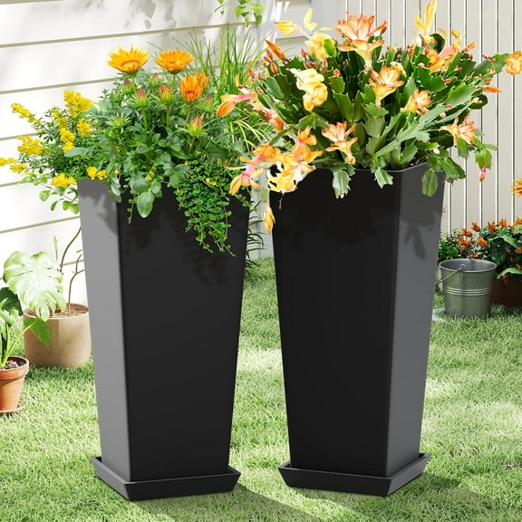 FENCY Set of 2 Tall Planters for Outdoor , 24 Inch Large Tapered Pots with Drainage Trays, Weather-Resistant Plastic Containers for Patio, Porch, Garden, Front Door Decor,Black