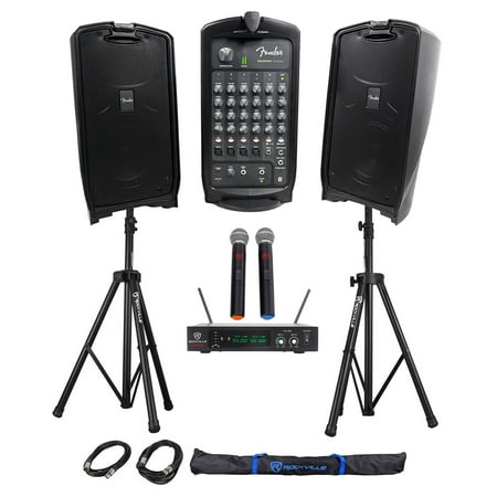 FENDER PASSPORT EVENT 8" Bluetooth Speakers+2) Wireless Handheld UHF Mics+Stands