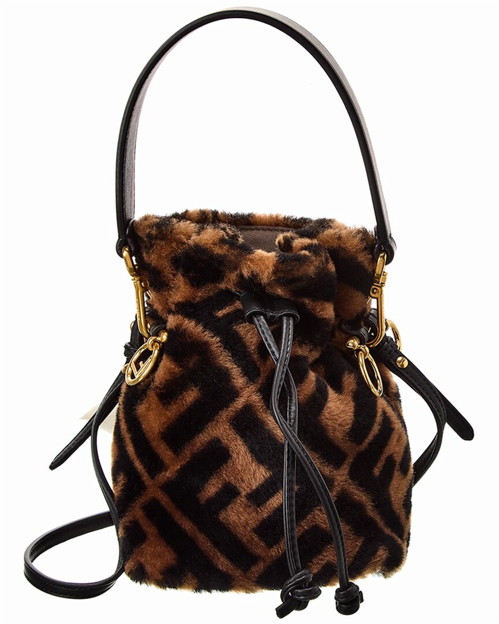 FENDI Mon Tresor Mini Shearling & Leather Bucket Bag, Brown 