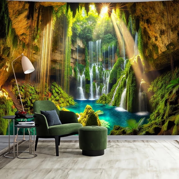 FENDROM Waterfall Tapestry Tropical Forest Mountain Sunset Cave Stone Wall Hanging Scenic Rainforest Landscape Nature Sunrise Headboard for Bedroom Living Room Home Decor C113