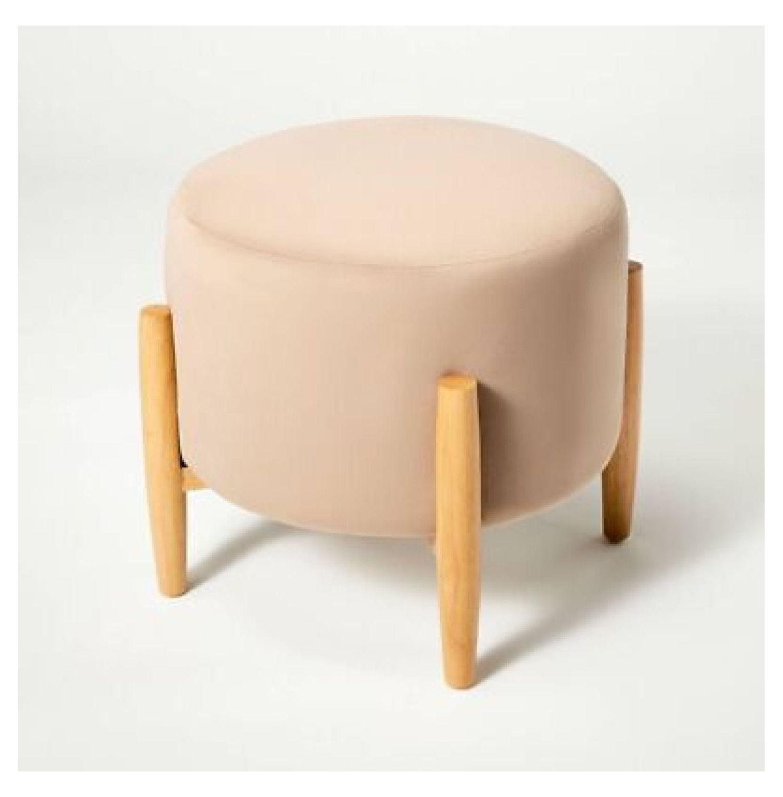 Elroy Round Velvet Ottoman with Light Brown Wooden Legs