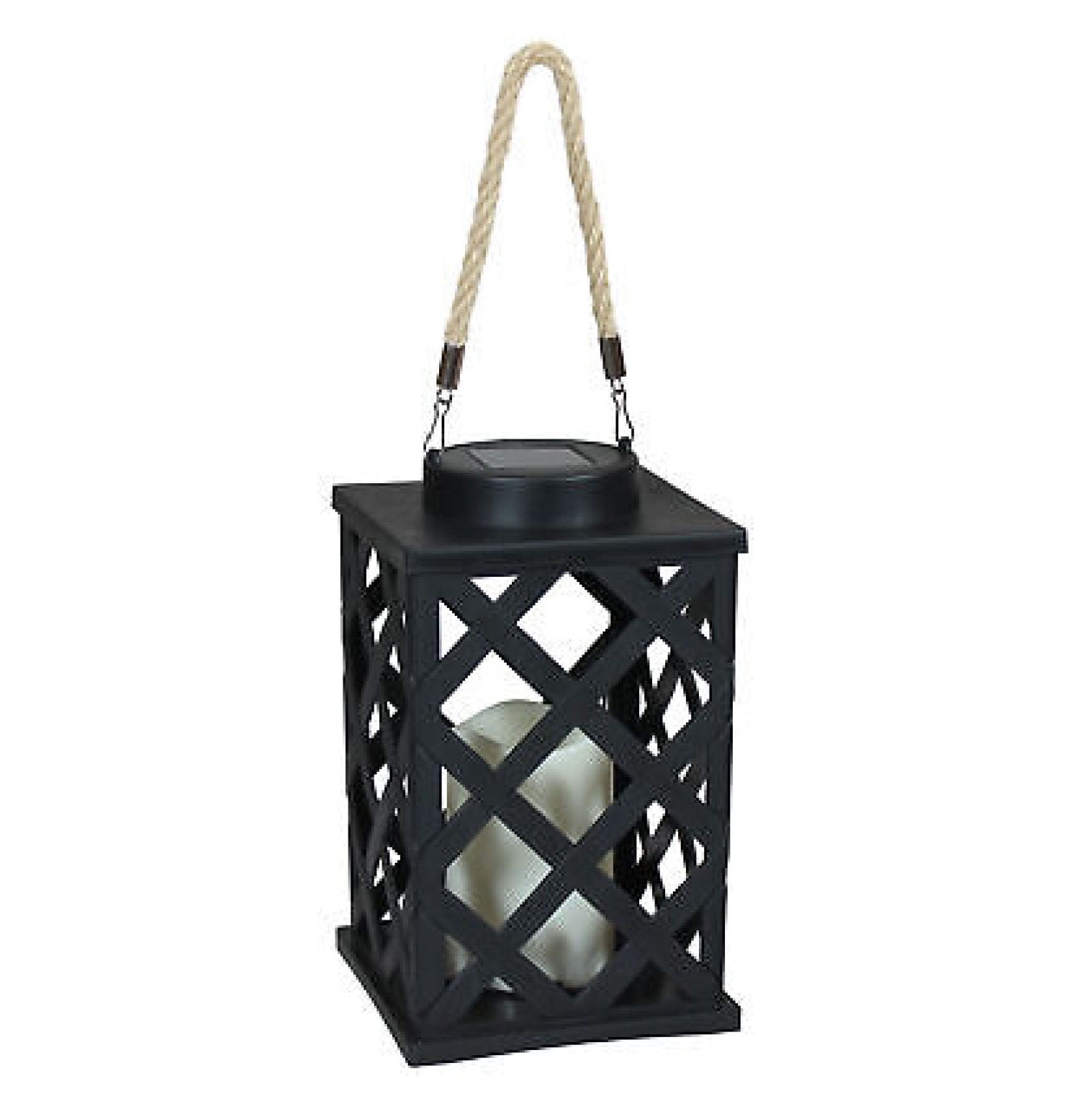 Black Crosshatch Solar LED Hanging Tabletop Candle Lantern