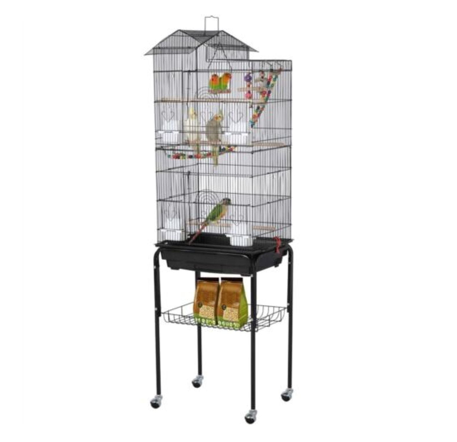 Black Wrought Iron Roof Top Birdcage with Rolling Stand
