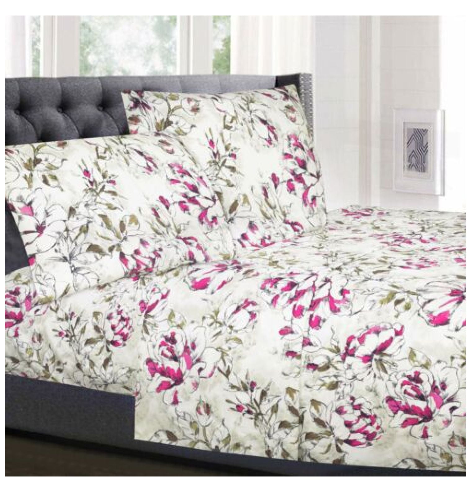 King Size Sage and Pink Floral Microfiber Sheet Set