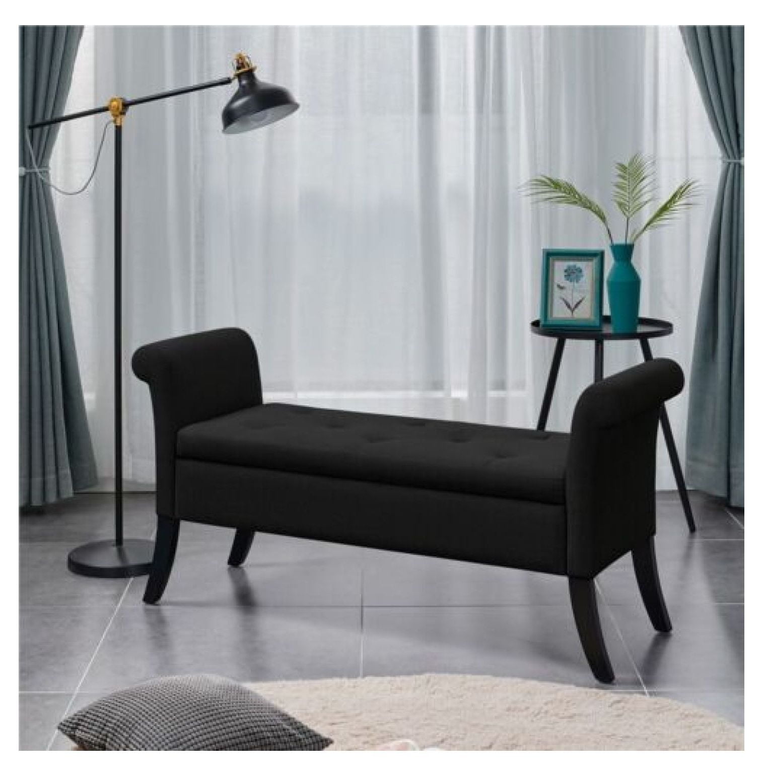 Black Tufted Fabric Storage Bench with Rolled Arms