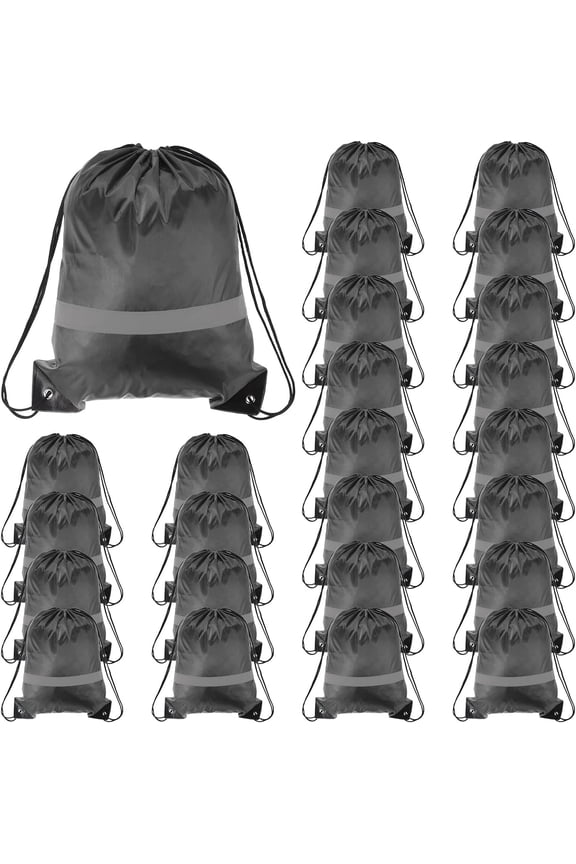 Backpack Bulk 25 Pack 210D Polyester Cinch Sack Draw String Bags with Reflective Strips for DIY Women Men Gym Sport Travel Party, Grey (17" x 13.4")-240527