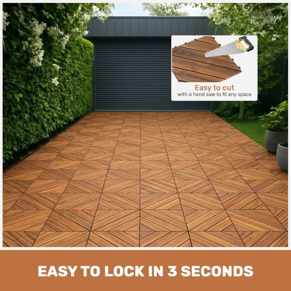 FENGFAN 10PCS Acacia Wood Deck Tiles, Diagonal Pattern 1212in Waterproof Interlocking Outdoor Flooring, 1 Pack