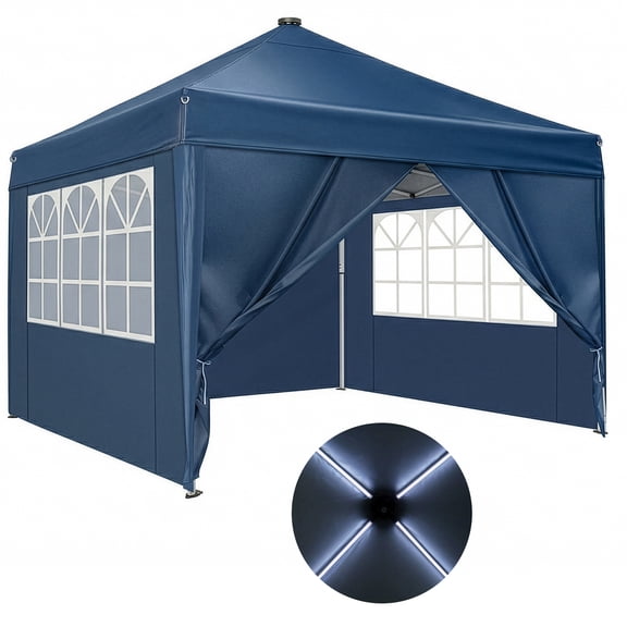 FENGFAN 10x10 FT Slant Leg Foldable Canopy Tent with Sidewalls & Solar LED Lights, 210D Oxford Powder Coated Iron, Blue, 1 Pack