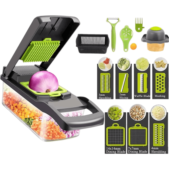 FENGFAN 16 in 1 Vegetable Chopper Slicer Dicer, Stainless Steel Food Cutter with 1.5L Container for Kitchen, 1 Pack