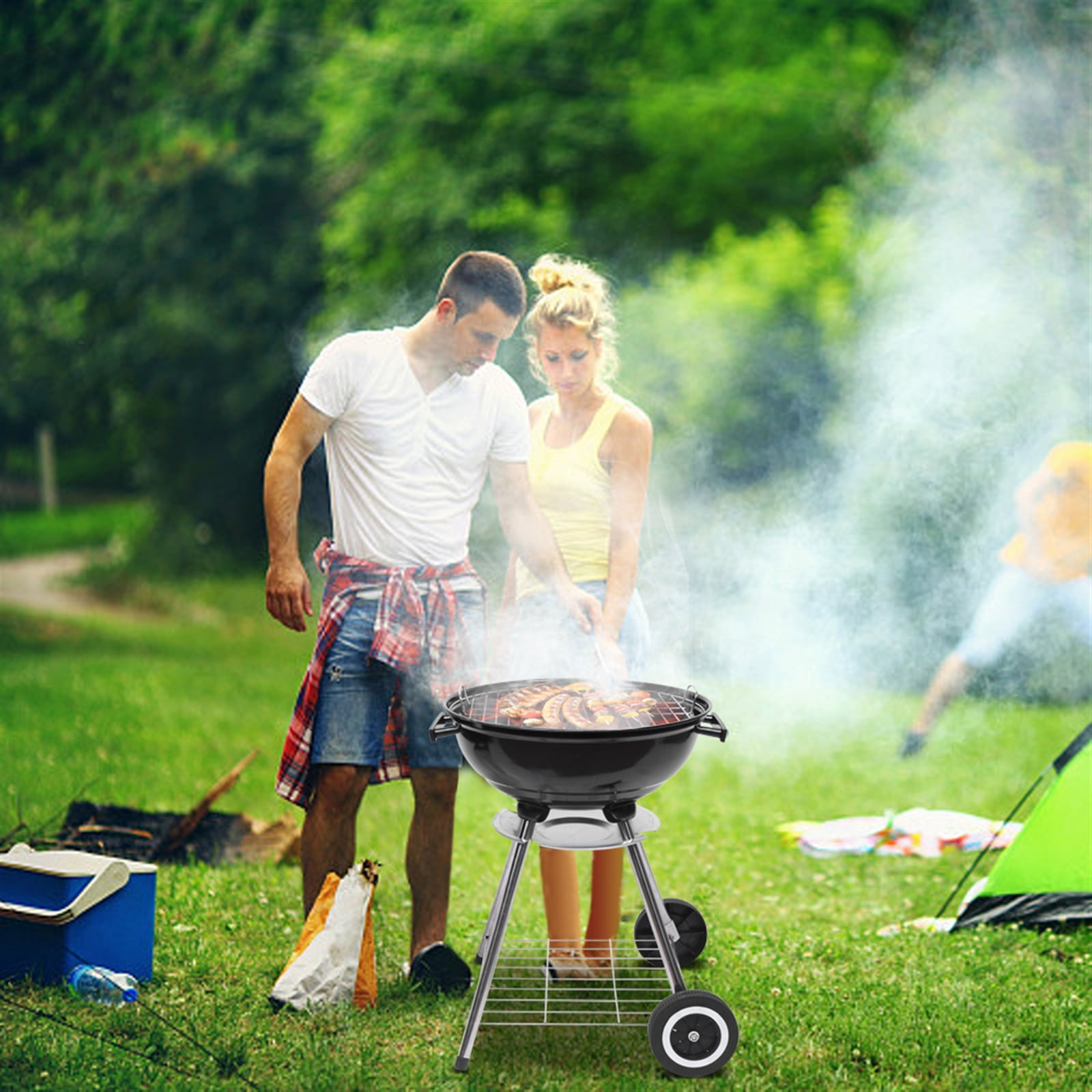 FENGFAN 18 Inch Enamel Charcoal Grill, Portable Apple BBQ Stove with Wheels for Outdoor Camping Backyard