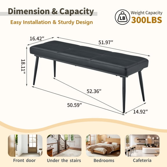 FENGFAN 2-3 Person Dining Bench Reinforced Metal Frame PU Leather Upholstered High Resilience Foam Cushion Black Single Pack