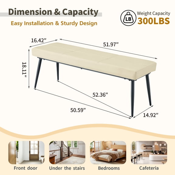 FENGFAN 2-3 Person Dining Bench Reinforced Metal Frame PU Leather Upholstered High Resilience Foam Cushion Off White Single Pack
