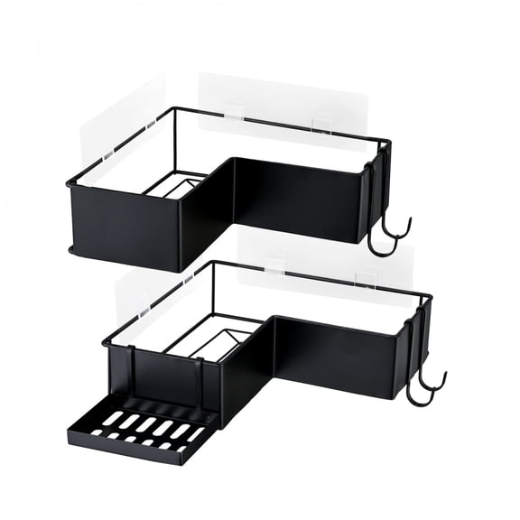 FENGFAN 2-Pack Drill-Free Corner Shower Caddy, Stainless Steel Adhesive Organizer with Soap Holder & 4 Hooks, for Bathroom RV Kitchen Laundry Room