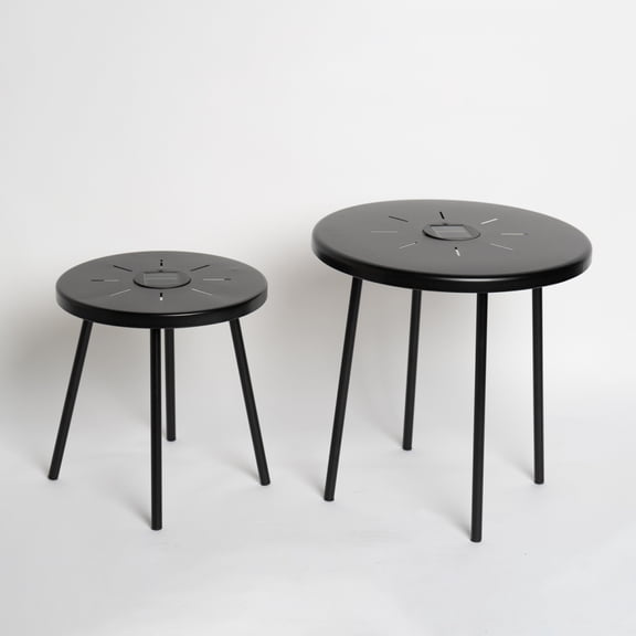 FENGFAN 2 Pack Solar Powered Nesting Side Tables with LED Lights Iron Construction Matte Black 19.7 15.7 Inch Indoor Outdoor 2 Pack