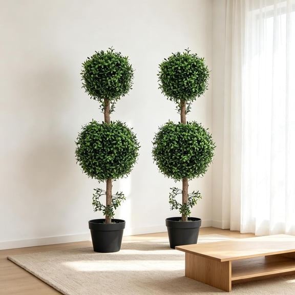 FENGFAN 2 Pack UV Protected Artificial Double Ball Boxwood Topiary Trees Green PE Faux Plants with Cement Nursery Pots 36 Inch Set