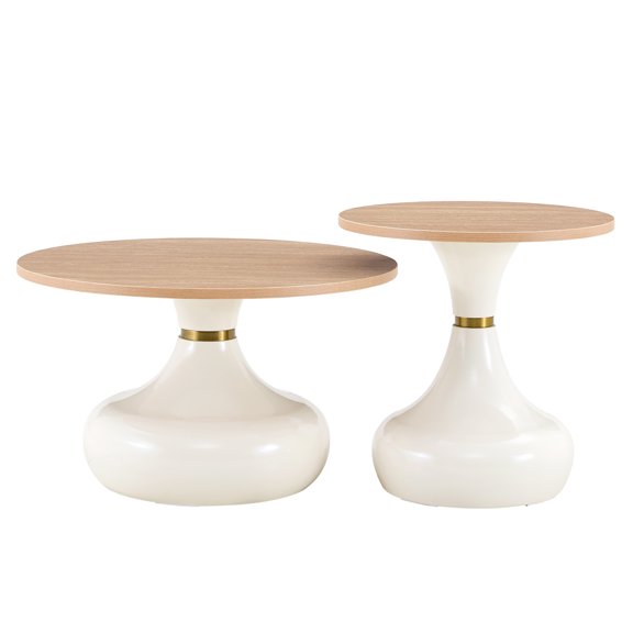FENGFAN 2-Piece Gourd Shaped Nesting Coffee Table Light Wood Grain MDF White Gold Metal Base Box Pack