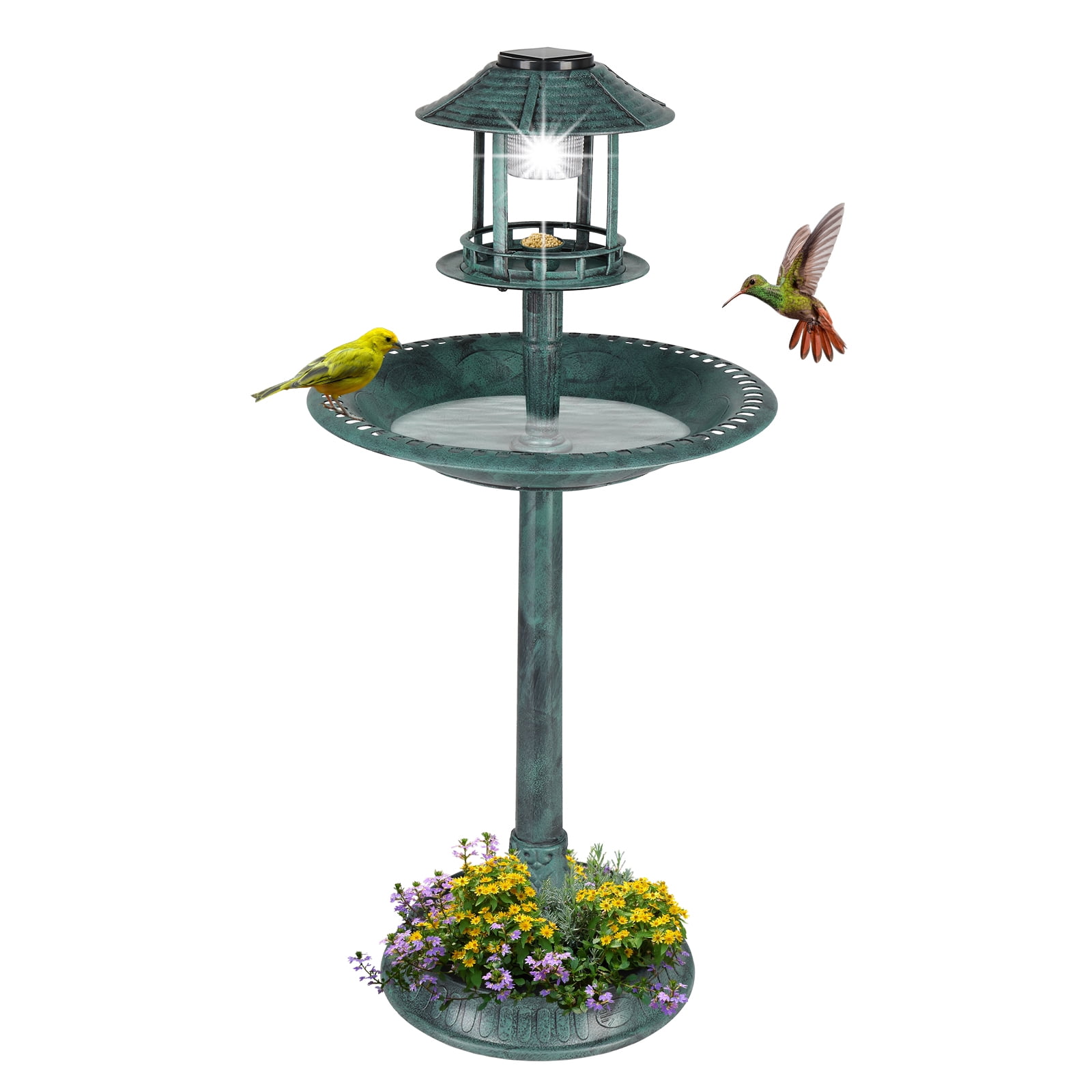 FENGFAN 20 Inch Round Plastic Bird Bath with Solar Light Dark Green Weather Resistant Outdoor Garden Decor 1 Pack