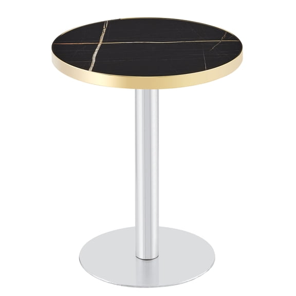 FENGFAN 23.6 Inch Round Modern Light Luxury Bistro Coffee Accent Table Black Gold Silver UV Faux Marble MDF Tabletop Stainless Steel Edge Metal Legs Single Pack