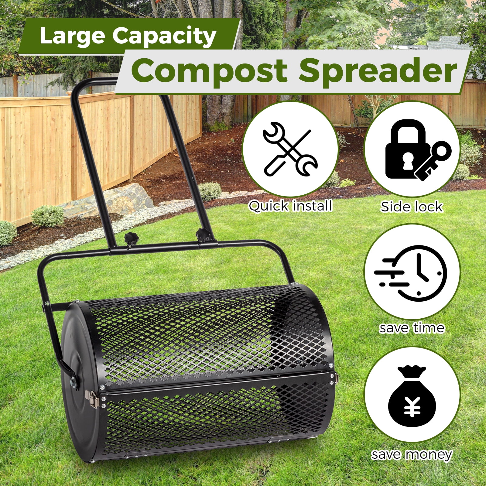 FENGFAN 24 Inch Compost Spreader, Powder Coated Steel Mesh Roller with Double Latches, Lawn Garden Peat Moss Topdressing Tool,1 Pack