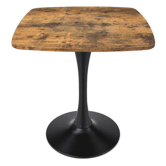 FENGFAN 24 Inch Square Tulip Dining Table Rustic Brown MDF Tabletop Matte Black Metal Pedestal Base Mid Century Modern Bistro Table 1 Pack