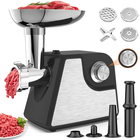 FENGFAN 2400W Max Electric Meat Grinder 2 Adjustable Speed ETL Approved Black Food Grade Steel Meat Mincer with Sausage Stuffer Attachment 1 Pack