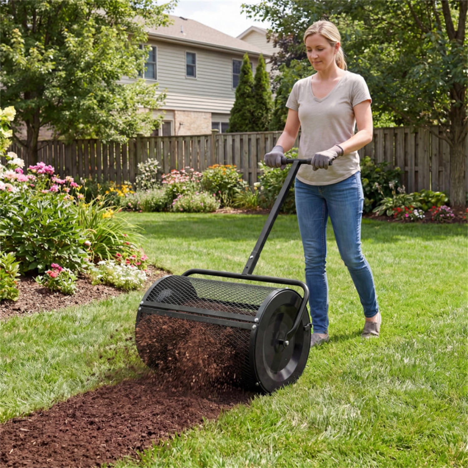 FENGFAN 27"×16" Lawn Fertilizer Compost Spreader with Diamond Mesh, Black Metal Garden Spreader, 1 Pack