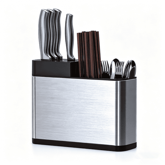 FENGFAN 3-Compartment Stainless Steel Utensil Holder, Kitchen Knife Block Countertop Storage Organizer, 1 Pack