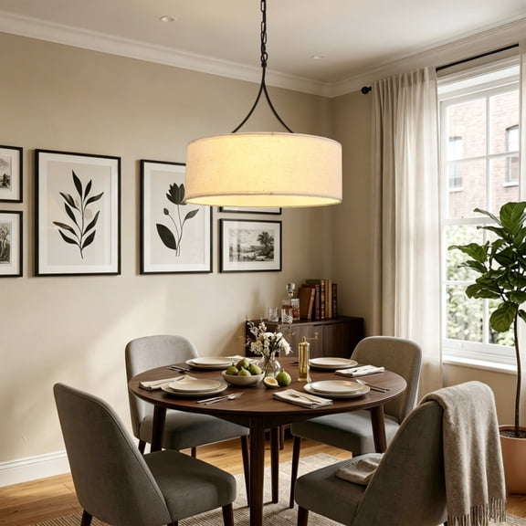 FENGFAN 3-Light Modern Pendant Light Adjustable Fabric Drum Chandelier Matte Black Ceiling Light Fixture for Dining Room Living Room Bedroom 1 Pack