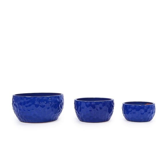 FENGFAN 3 Pack Cobalt Blue Hammered Ceramic Planter Set 10 12 15 Inch Breathable Plant Pots For Succulents Violets