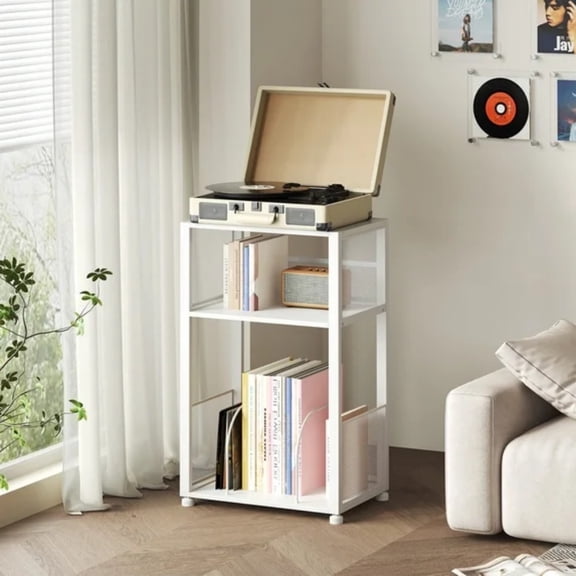 FENGFAN 3 Tier Turntable Table White Vinyl Record Storage Stand Holds 100 Albums Industrial Style Living Room End Side Table 1 Pack
