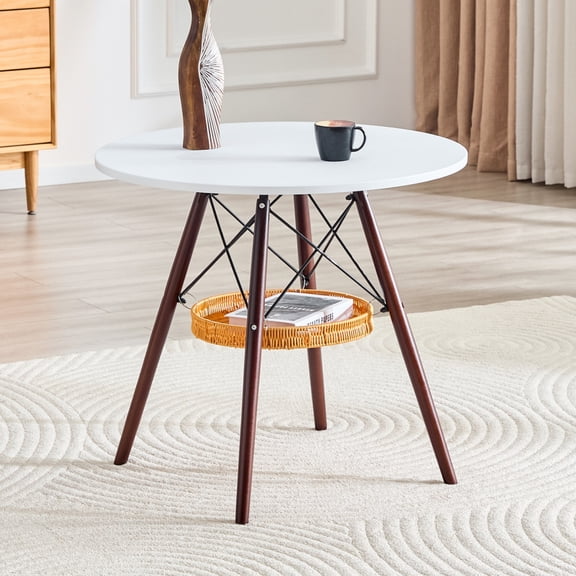 FENGFAN 31.5" Round Dining Table, White MDF Top Solid Wood Legs with Woven Storage Basket, Indoor Multi-Purpose Coffee Table