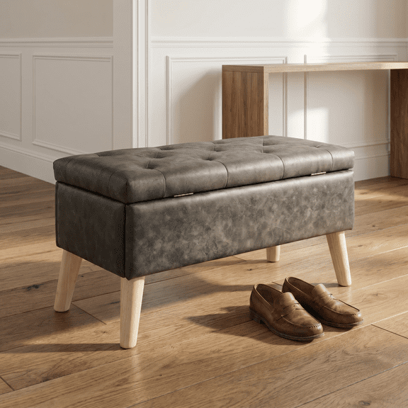 FENGFAN 32 Inch Square Upholstered Storage Ottoman Bench High Density Foam Fabric Black 1 Pack