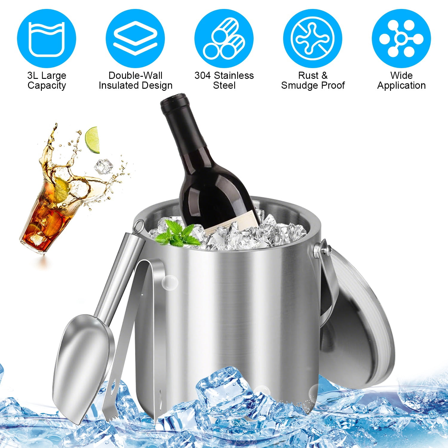 FENGFAN 3L Insulated Ice Bucket, Double-Wall 304 Stainless Steel Ice Holder with Accessories for Party Bar Use
