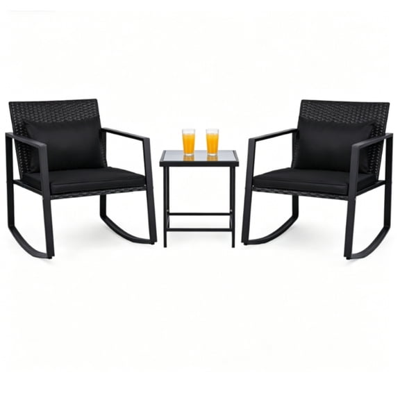 FENGFAN 3PC Black Wicker Rocking Patio Set, Metal Frame Tempered Glass Table Washable Black Sponge Cushions Outdoor Conversation Furniture